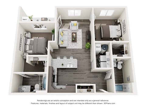 Floor plan for 2 beds, 2 baths, 935 sqft
